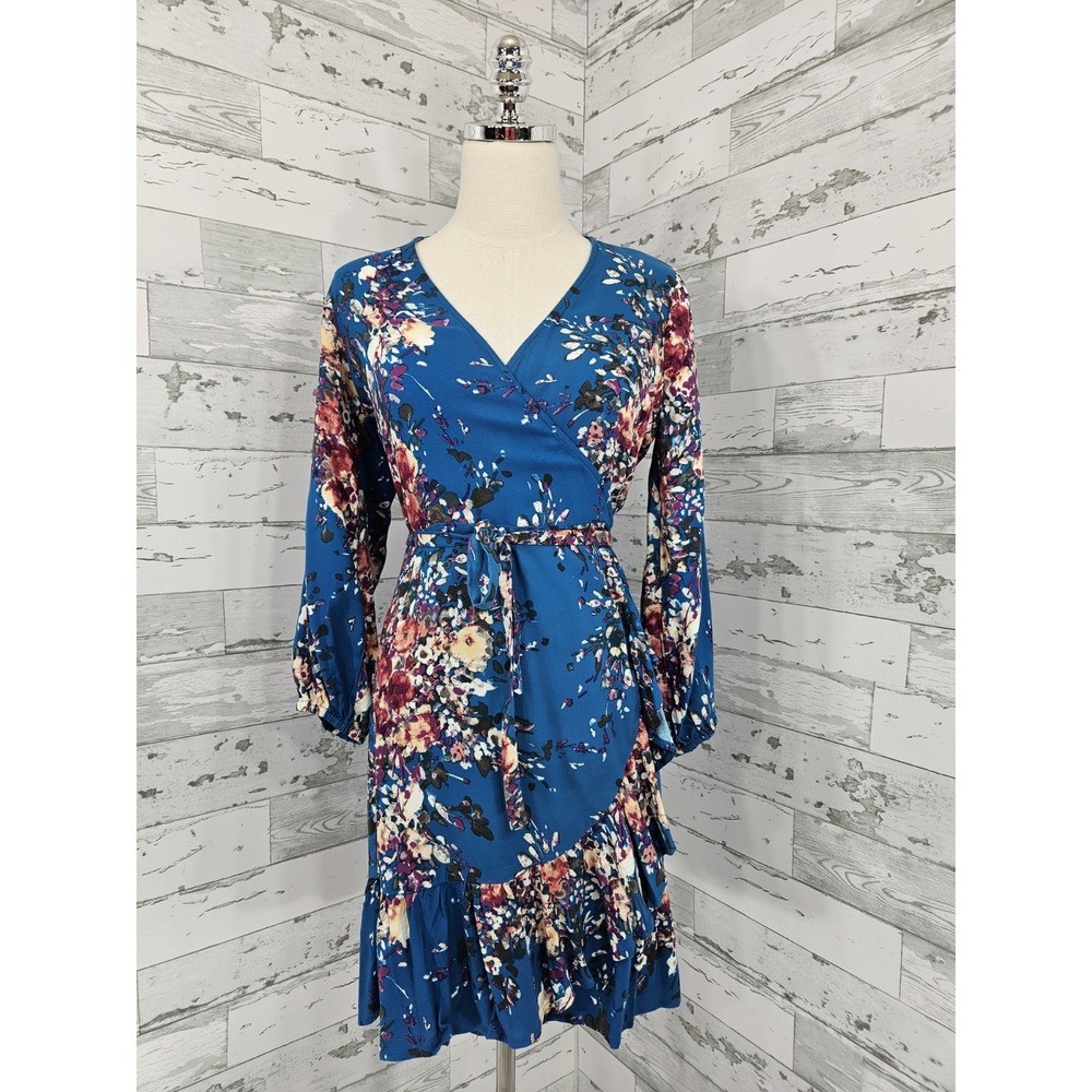 Love Stitch Womens Small Blue Floral Wrap Ruffle Hem Dress